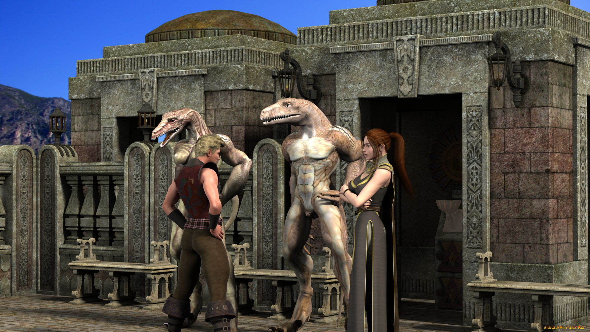 3д, графика, fantasy, фантазия, замок, девушка, существо, мужчина