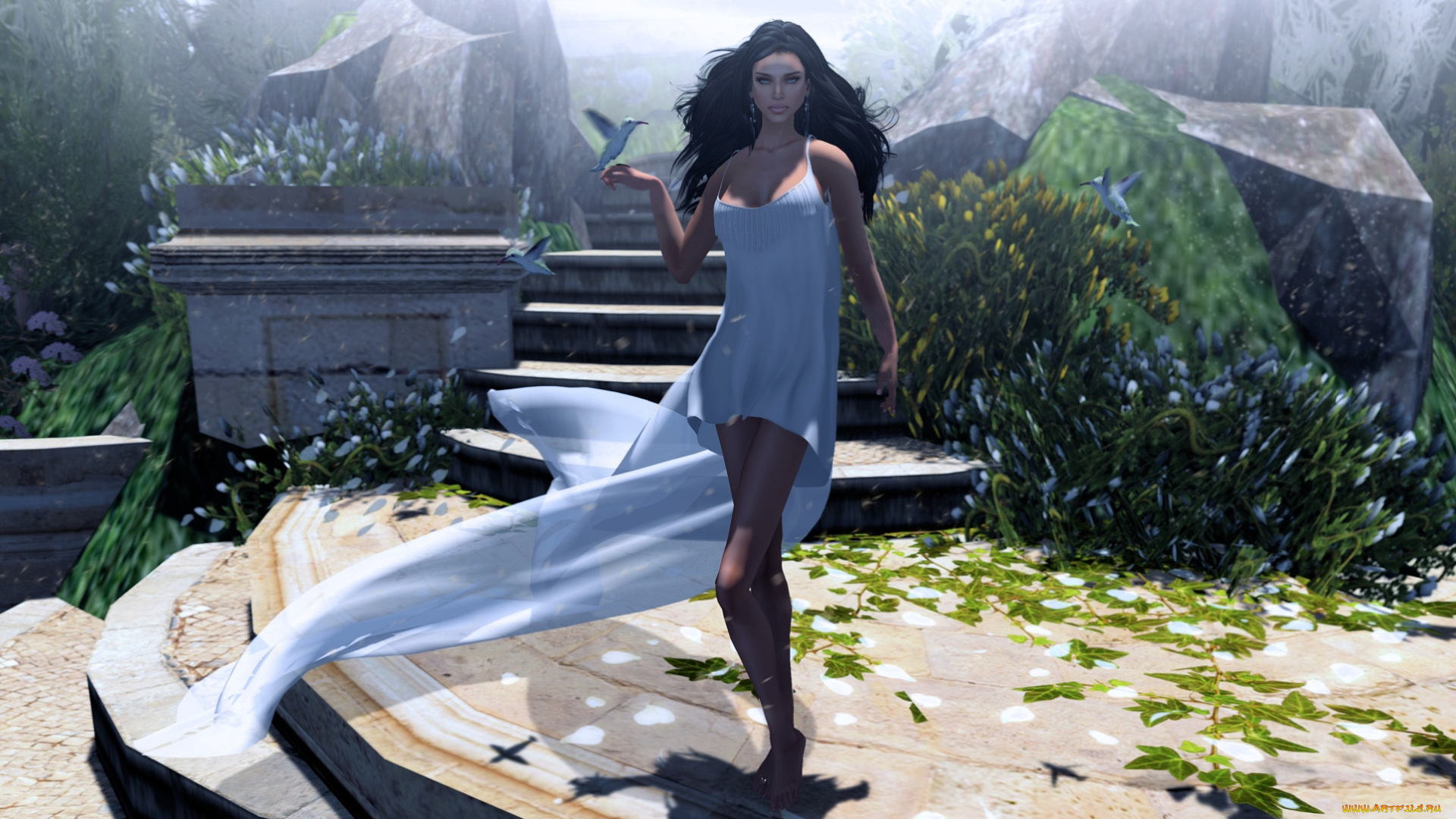 3д, графика, people, люди, брюнетка, колибри, платье