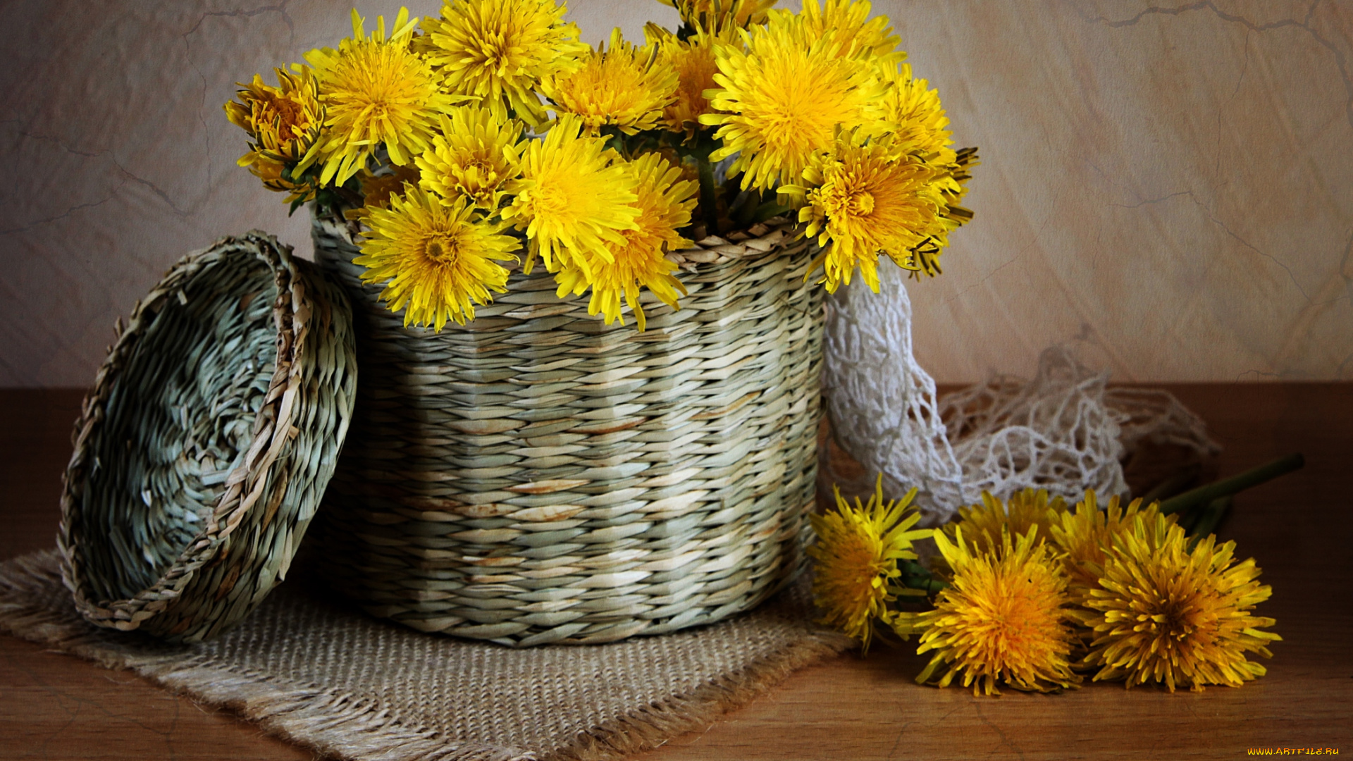цветы, одуванчики, солнышки, корзина