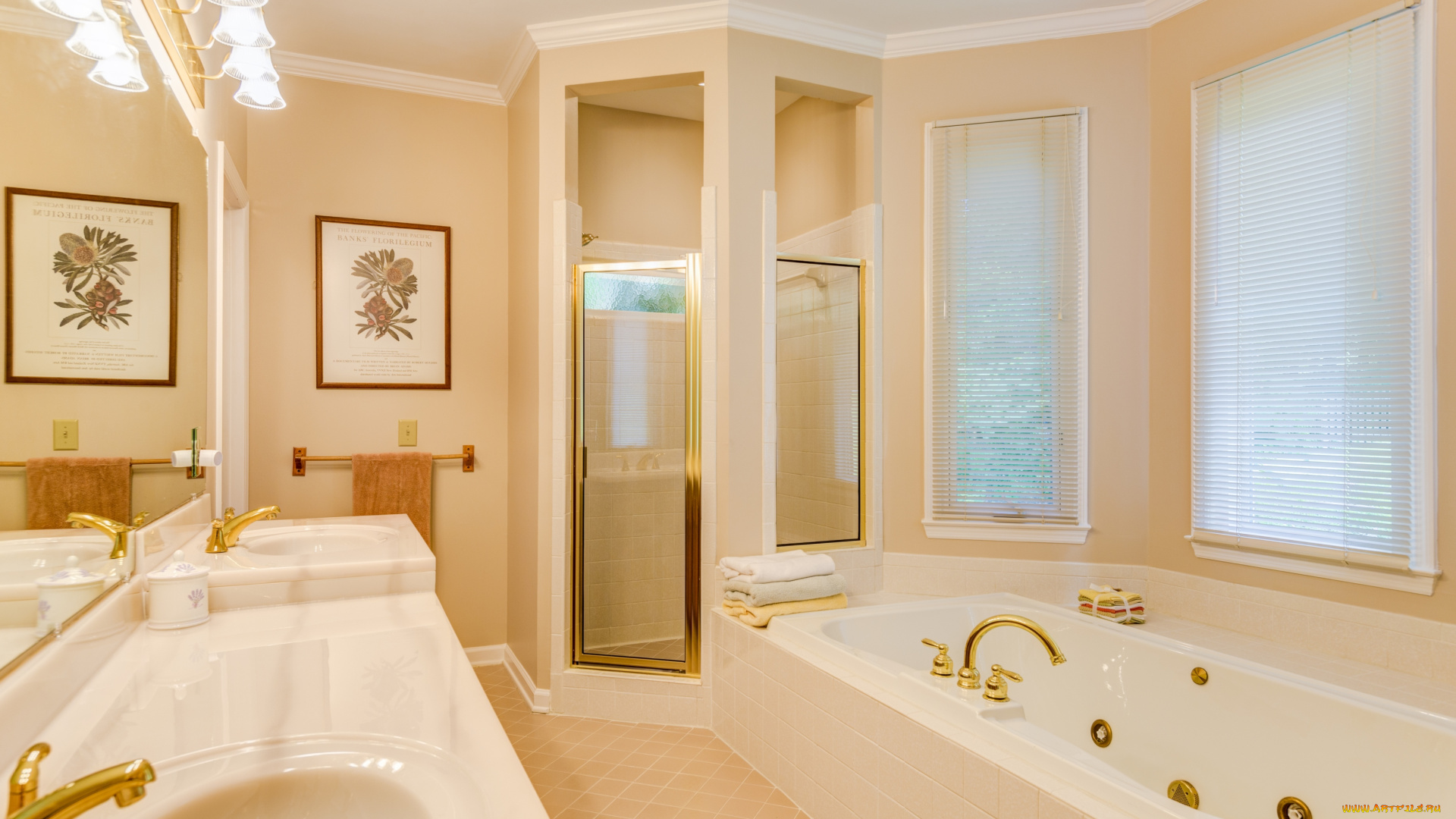 интерьер, ванная, туалетная, комнаты, ванна, умывальники, душ