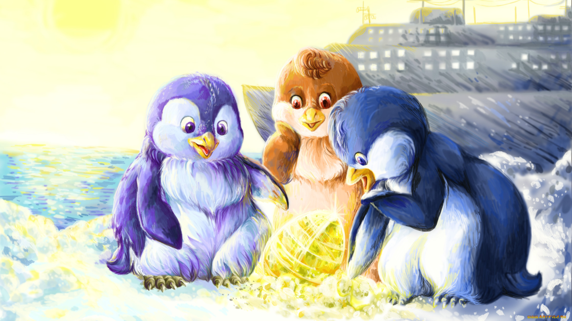 рисованные, животные, птицы, пингвины, рисунок