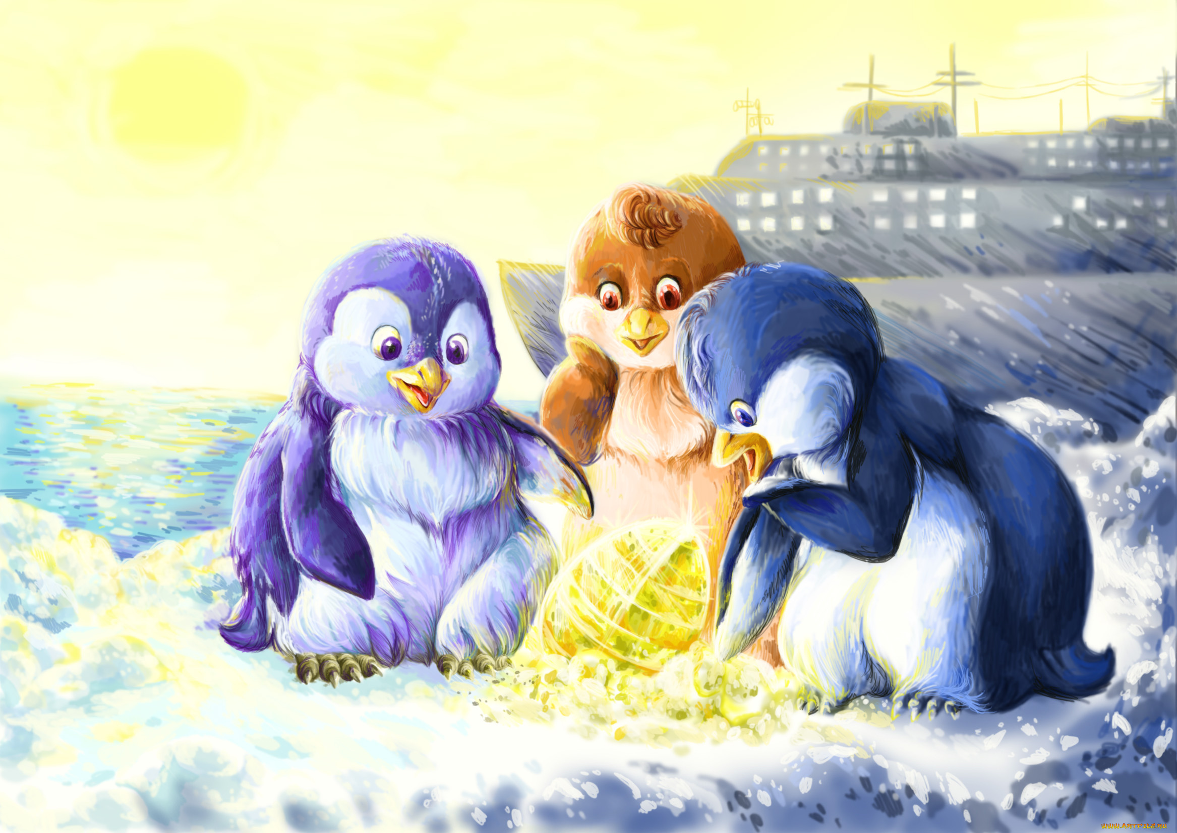 рисованные, животные, птицы, пингвины, рисунок