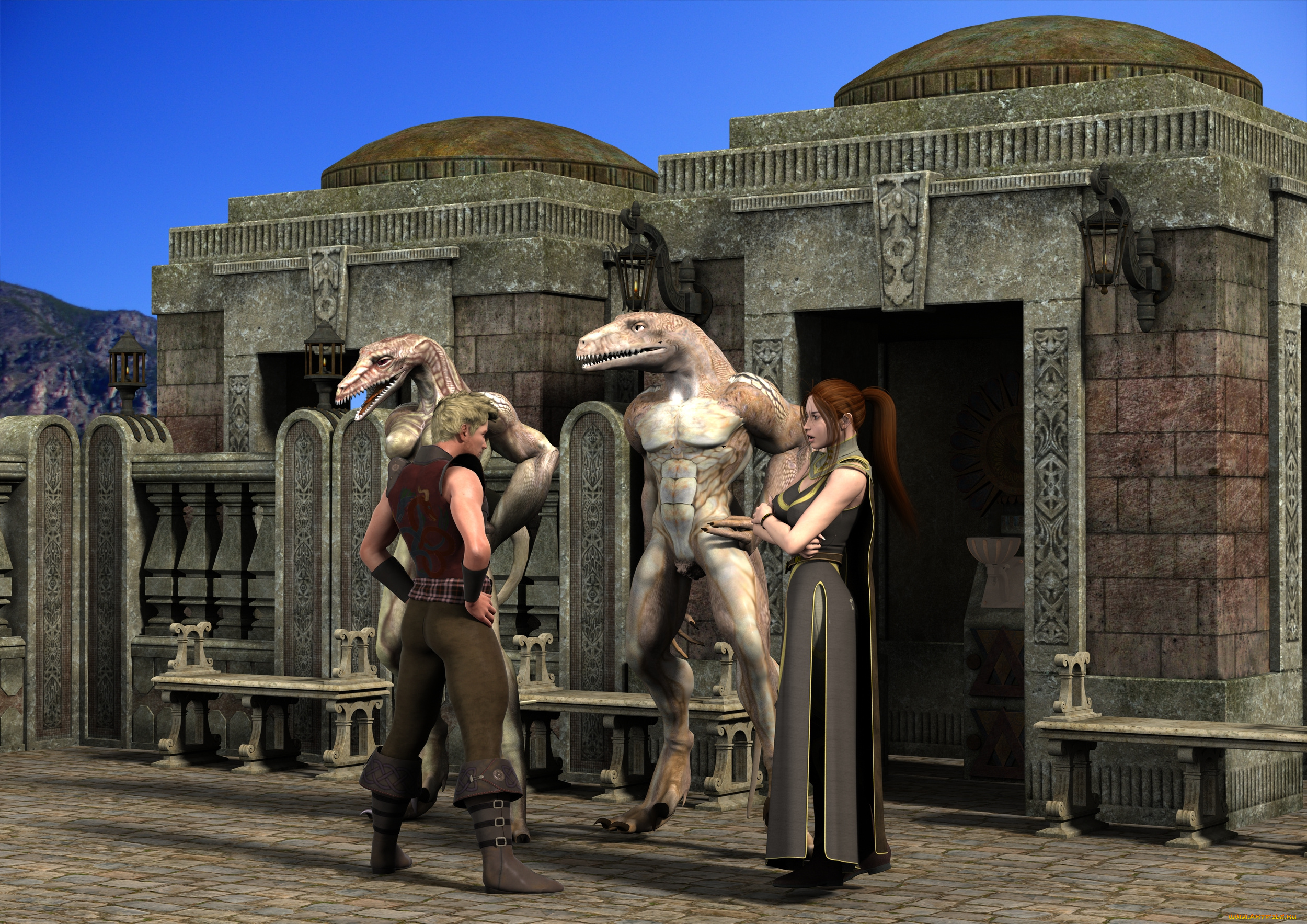 3д, графика, fantasy, фантазия, замок, девушка, существо, мужчина