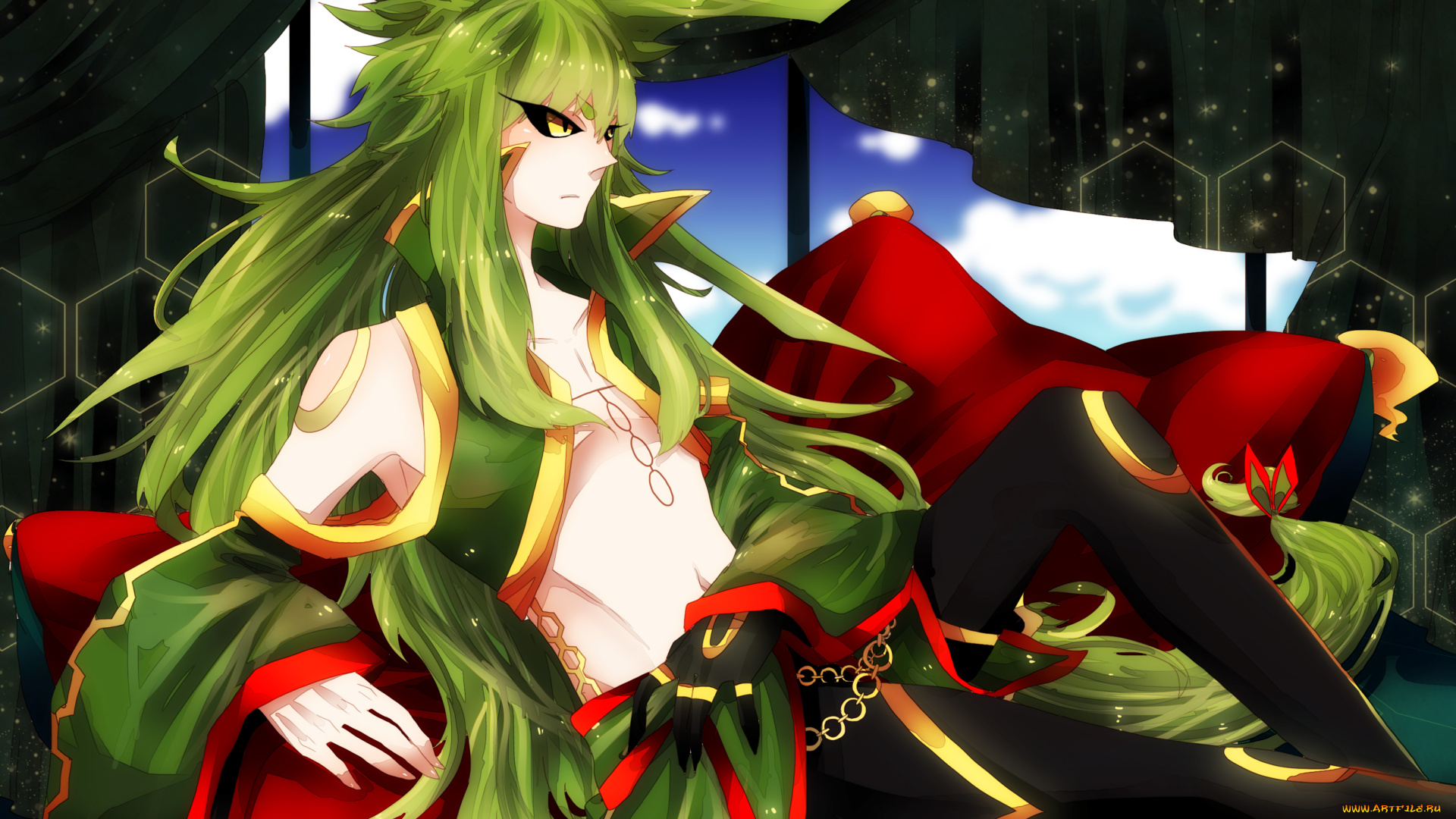 аниме, -angels, &, demons, арт, парень, ушки, окно, небо, облака, подушка, нимб