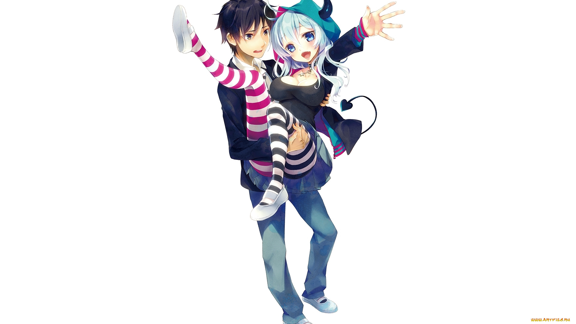 аниме, -angels, &, demons, девушка, art, nama2e, радость, взгляд, парень, белый, фон, смущение