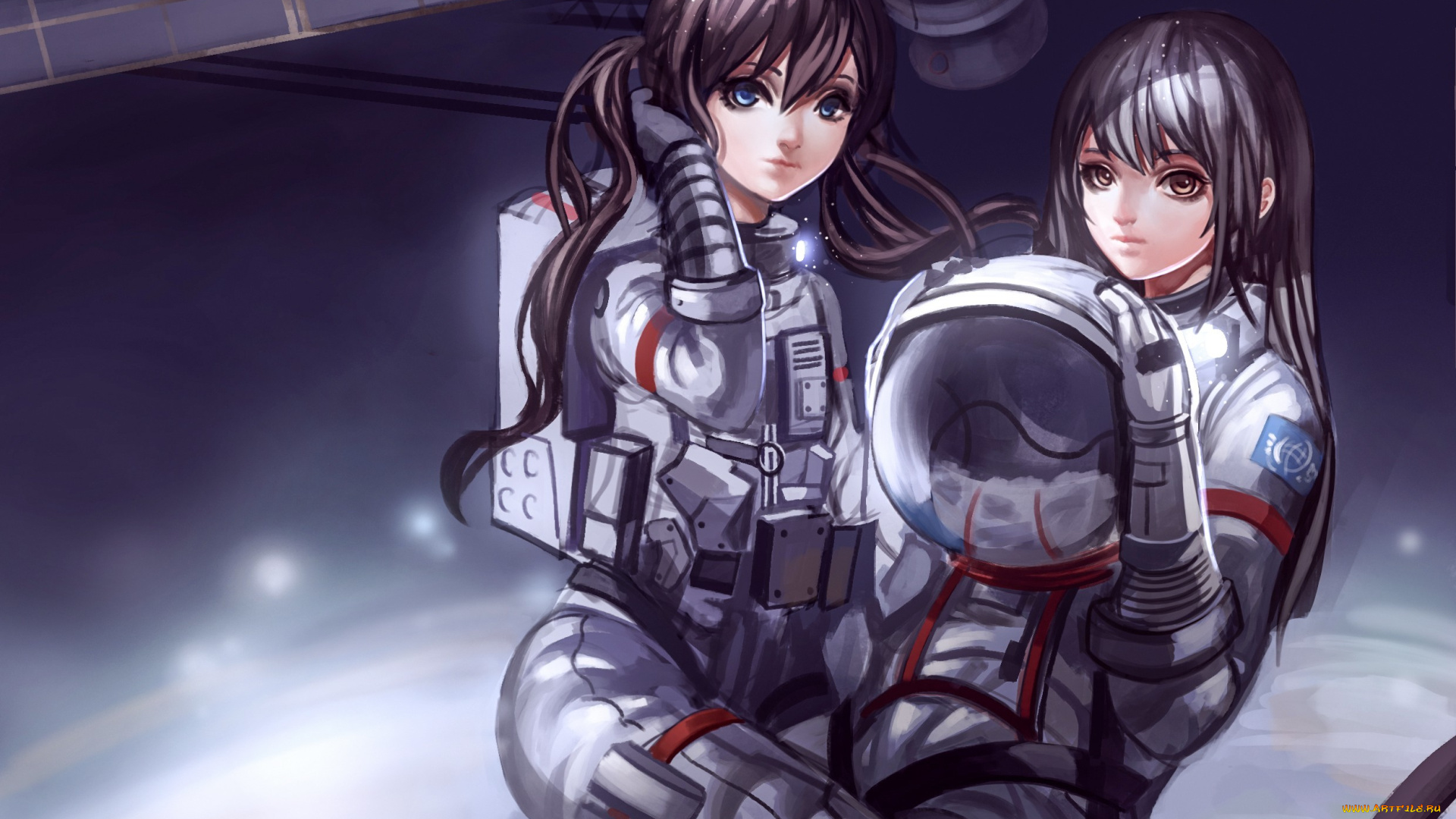 аниме, -weapon, , blood, &, technology, космос, шлем, скафандр, девушки, арт, baka