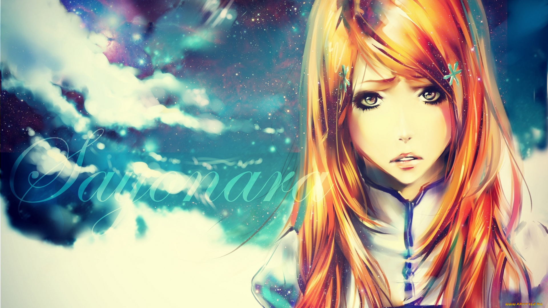 аниме, bleach, небо, девушка, helenes, арт, звезды, inoue, orihime, облака