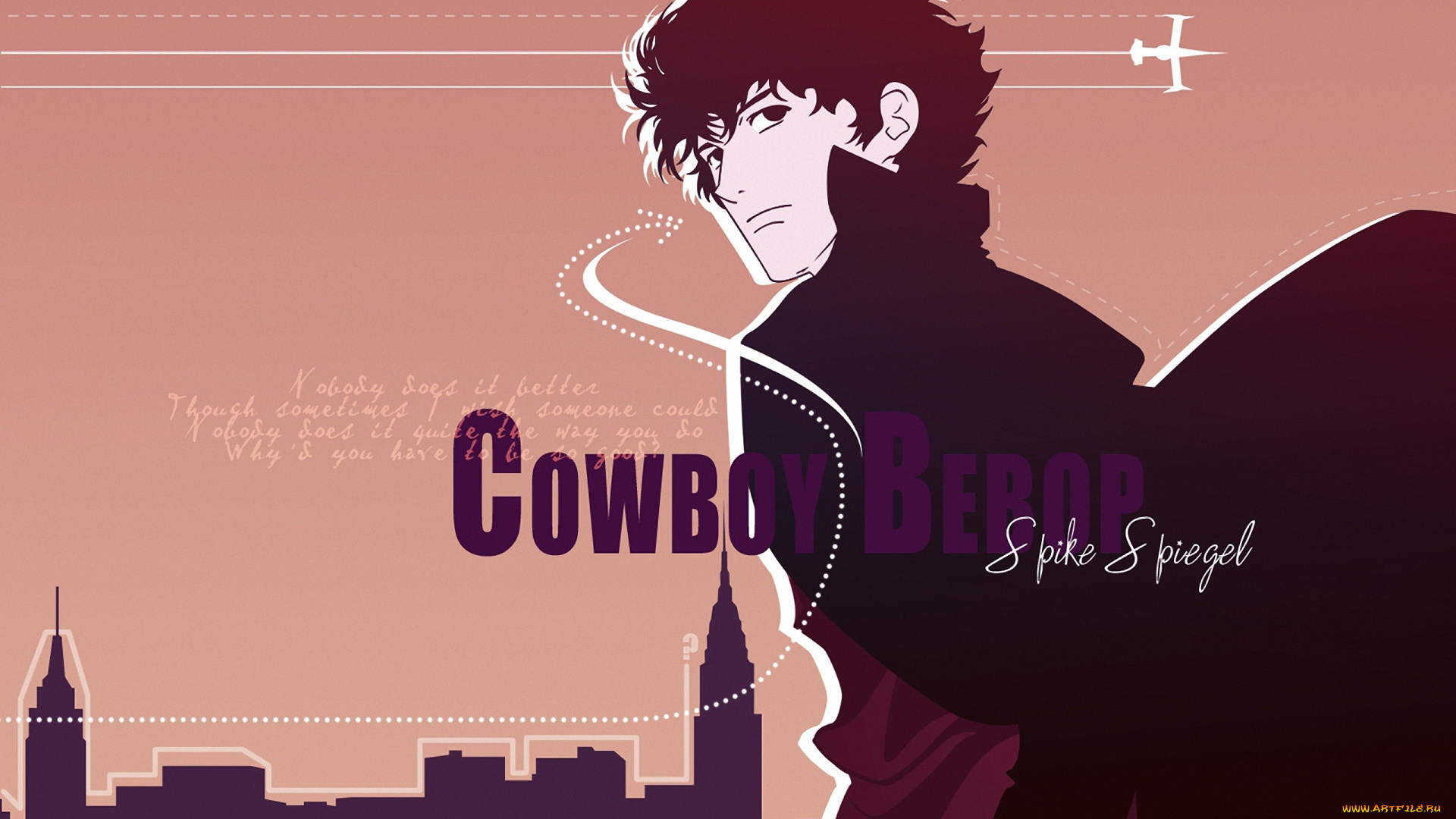 аниме, cowboy, bebop, самолет, город, мужчина, spike, spiegel