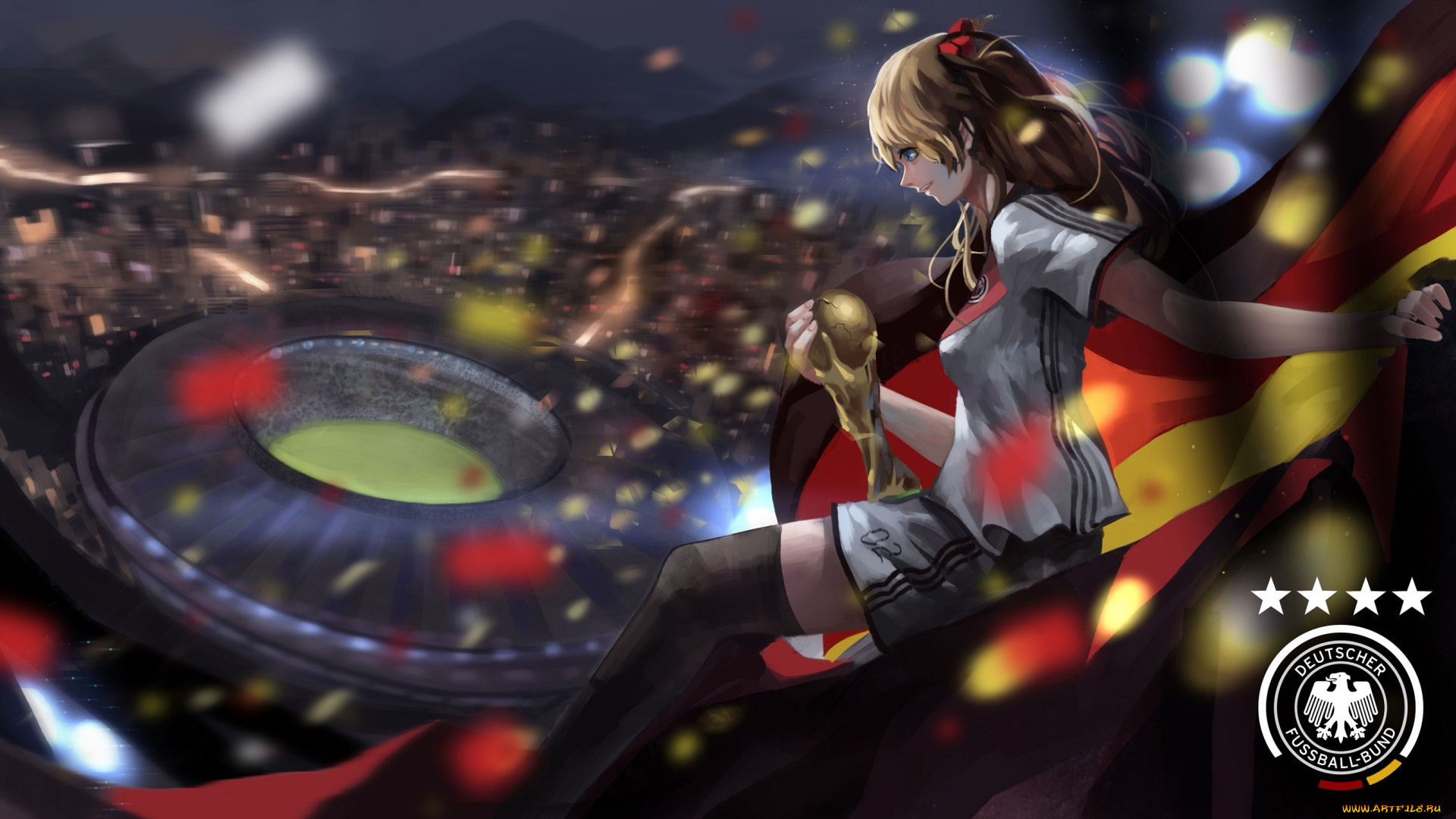 аниме, evangelion, девушка, soryu, asuka, langley, eva-02, флаг, стадион, футбол, кубок, арт, форма, neon, genesis, baka