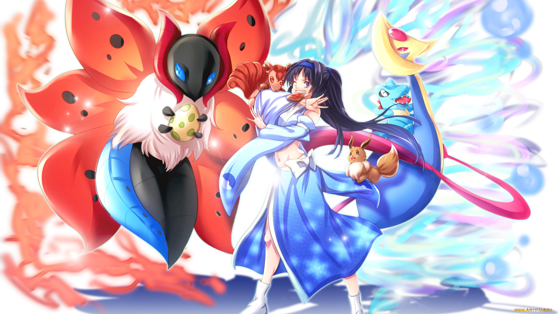 аниме, pokemon, девушка, улыбка, бутерброд, вульфикс, покемоны, арт