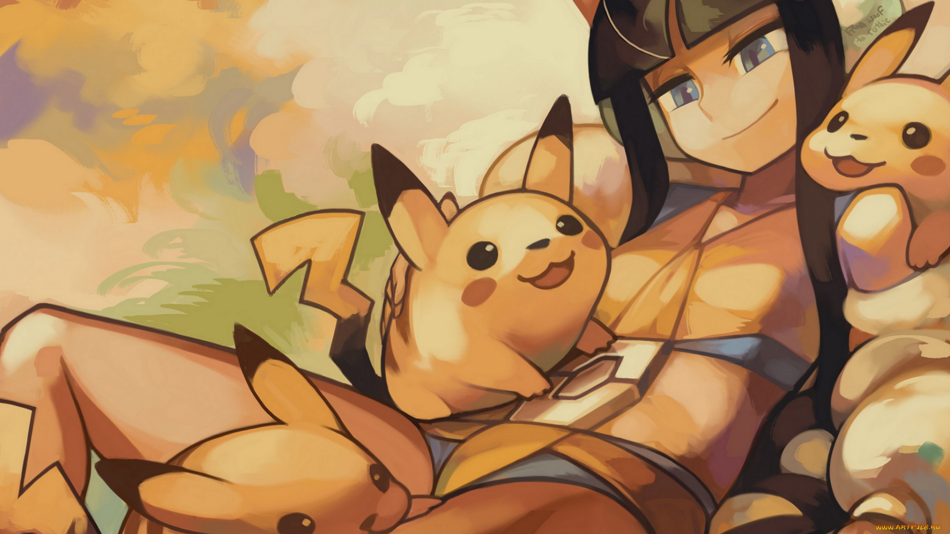 аниме, pokemon, пикачу, арт, девушка