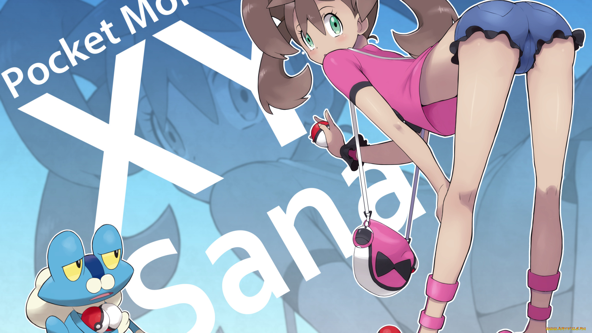 аниме, pokemon, удивление, взгляд, девушка, сана, покеболы, покемон