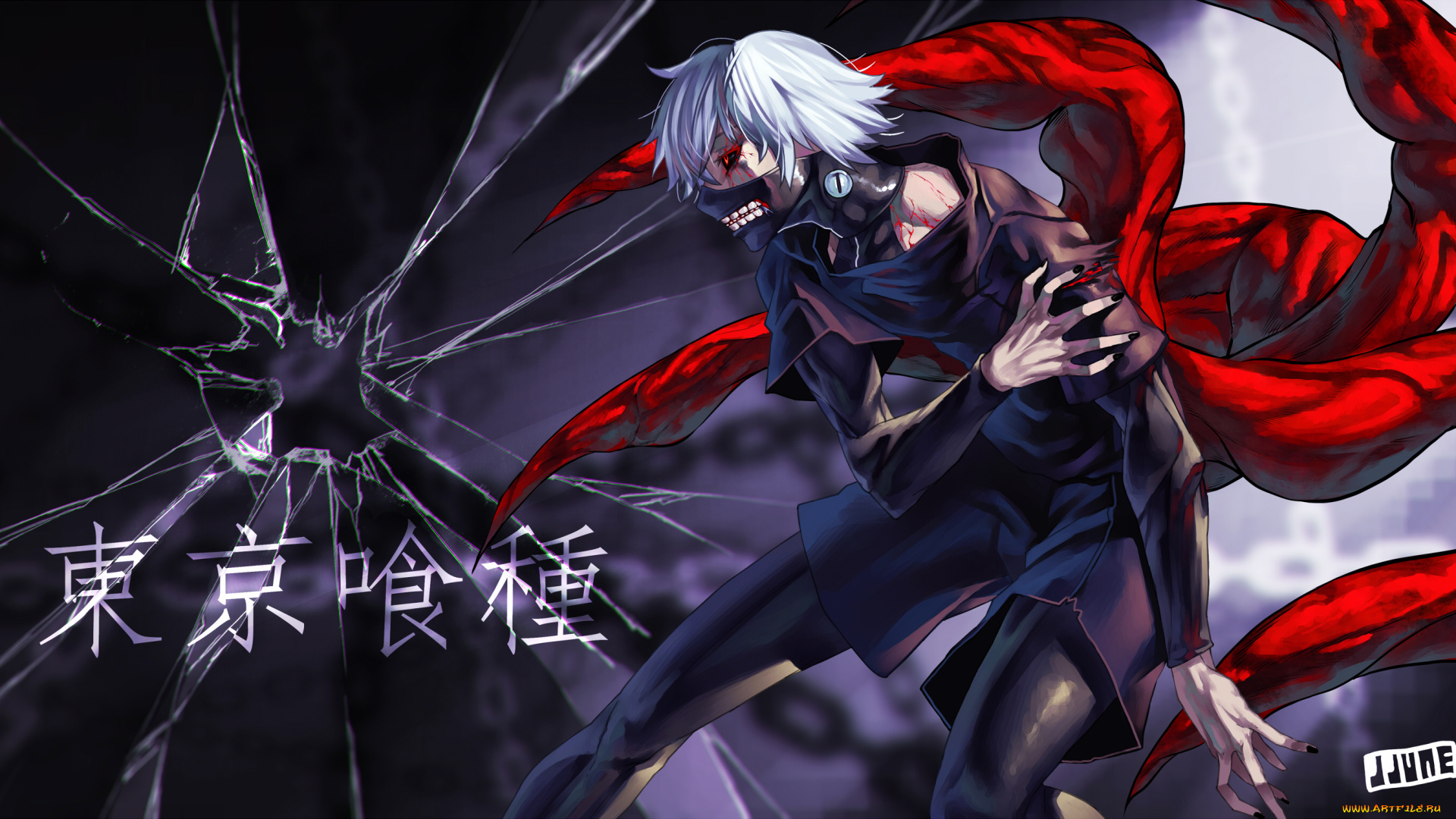 аниме, tokyo, ghoul, jjune, tokyo, ghoul, осколки, упырь, кровь, когти, маска, kaneki, ken, парень, art