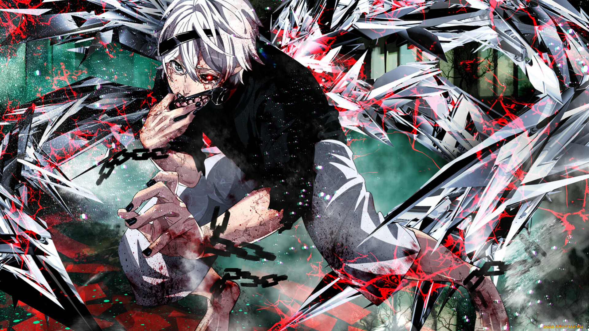 аниме, tokyo, ghoul, повязка, цепь, kaneki, ken, tokyo, ghoul, парень