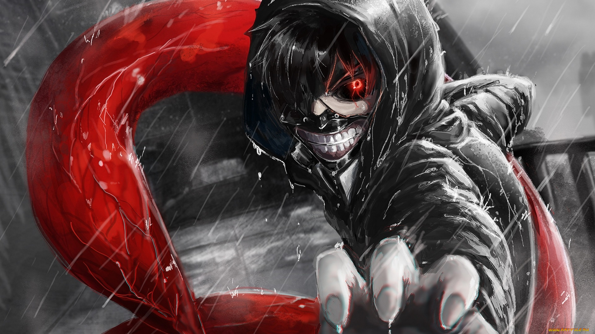 аниме, tokyo, ghoul, tokyo, ghoul, matsubox, парень, kaneki, ken, взгляд, жест, коготь, дождь, монохромное, art