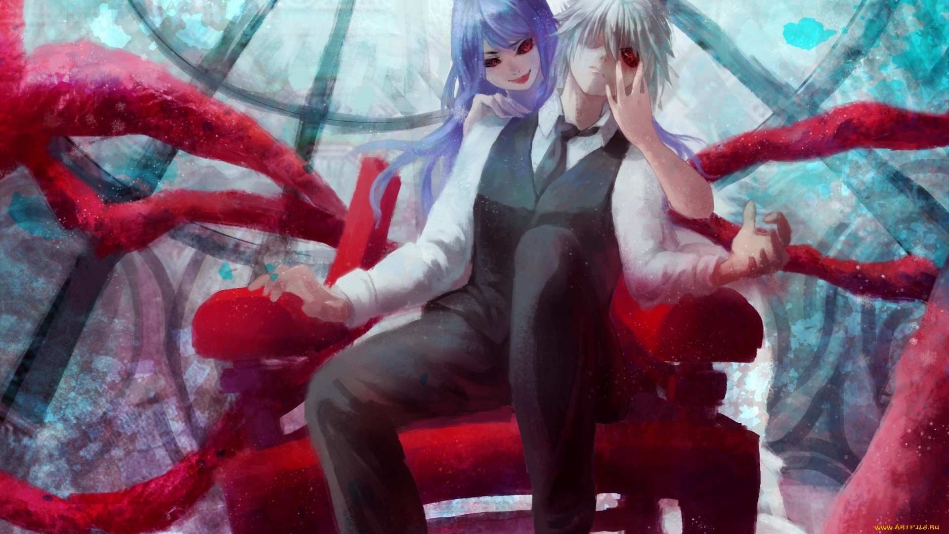 аниме, tokyo, ghoul, tokyo, ghoul, noodles, арт, улыбка, парень, девушка, kamishiro, rize, kaneki, ken