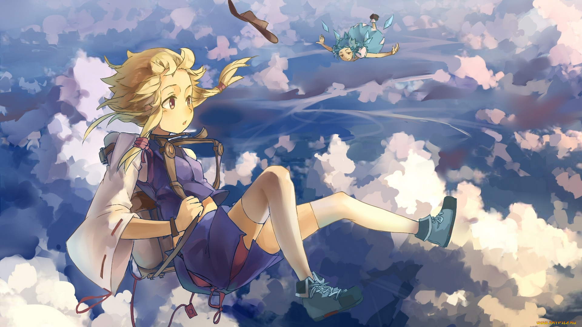 аниме, touhou, cirno, moriya, suwako, девушки, полет, небо, шляпа, gensou, kuro, usagi, арт, облака