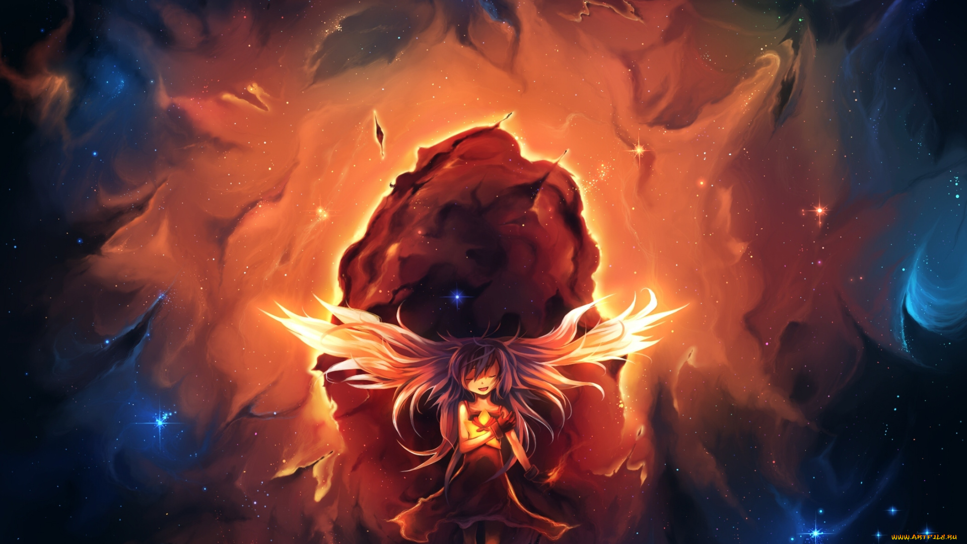 аниме, *unknown, , другое, арт, uchuubranko, девочка, звезды, небо, улыбка