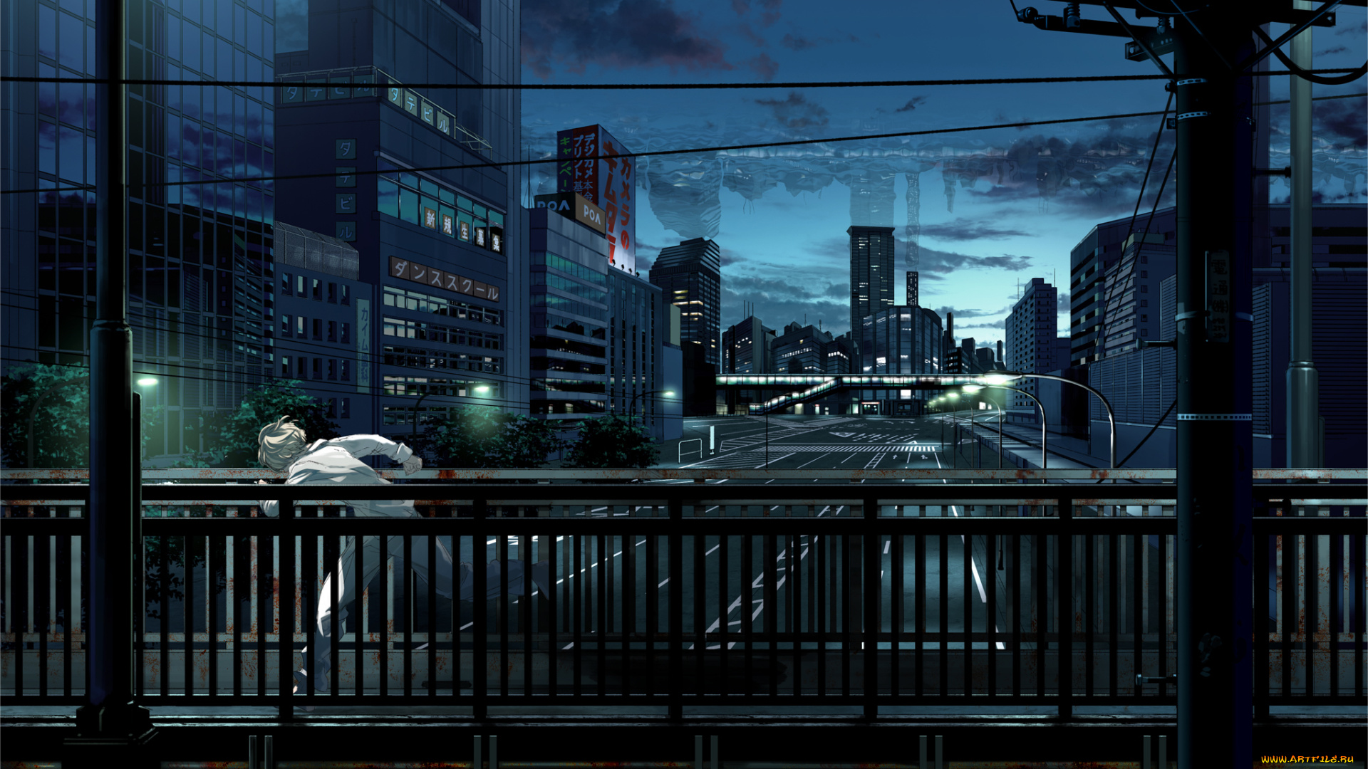аниме, *unknown, , другое, кровь, небо, облака, фонари, город, дома, вечер, мост, парень, арт