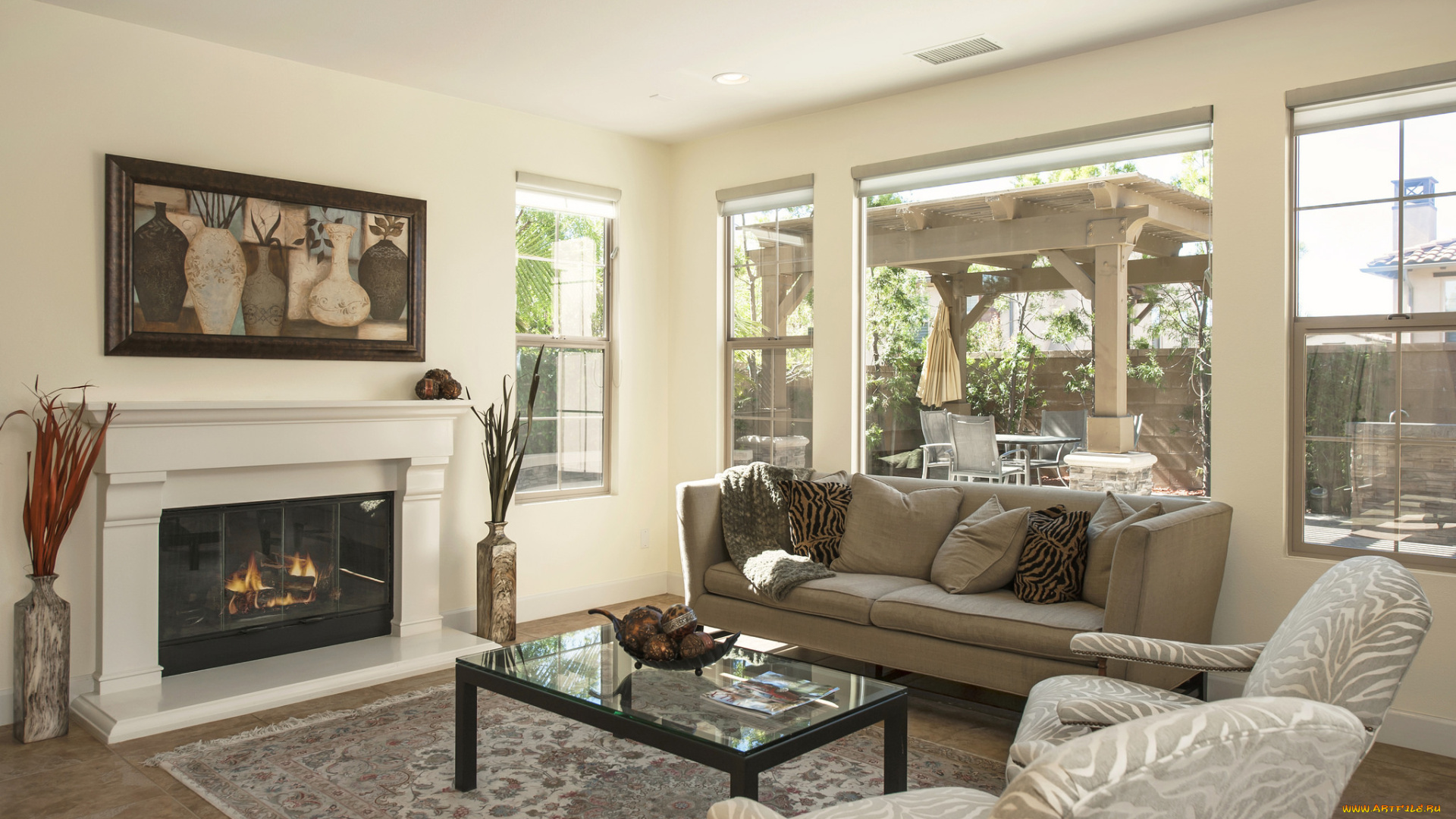 интерьер, гостиная, камин, картина