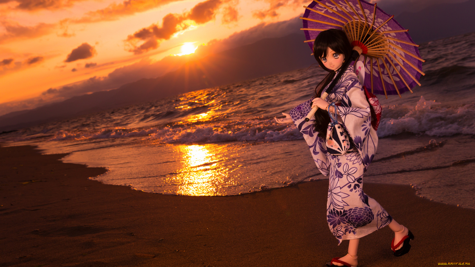 разное, игрушки, закат, море, кукла, зонтик