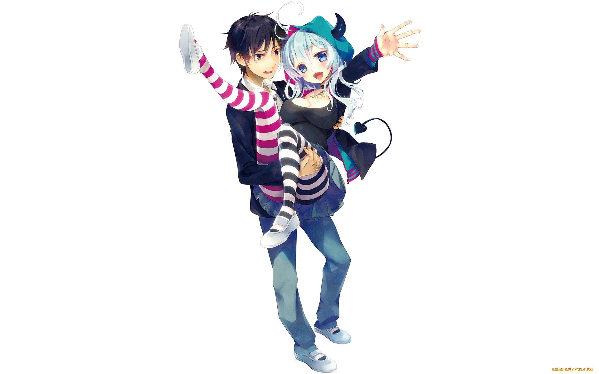 аниме, -angels, &, demons, девушка, art, nama2e, радость, взгляд, парень, белый, фон, смущение