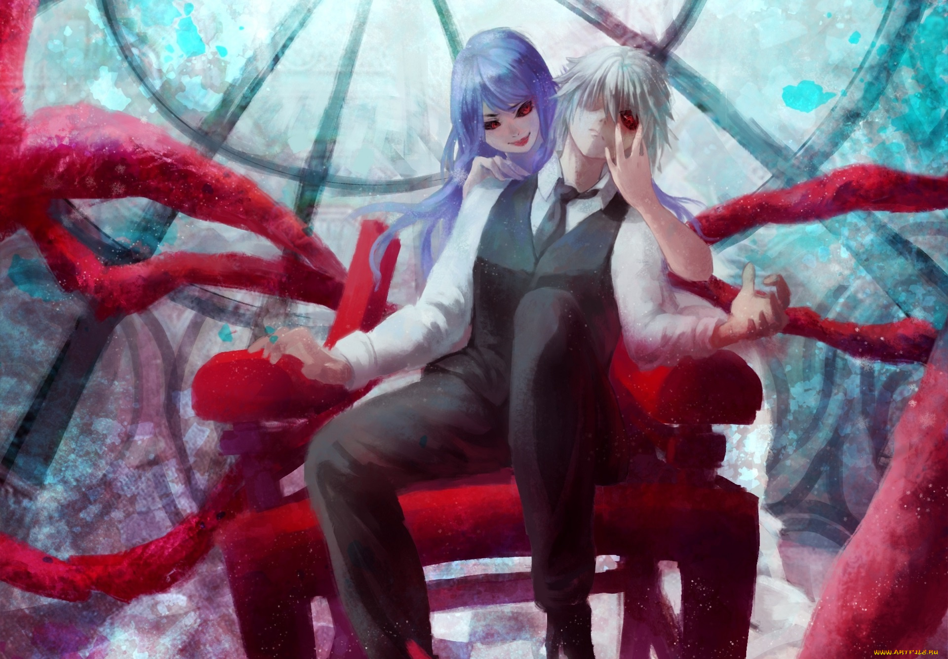 аниме, tokyo, ghoul, tokyo, ghoul, noodles, арт, улыбка, парень, девушка, kamishiro, rize, kaneki, ken