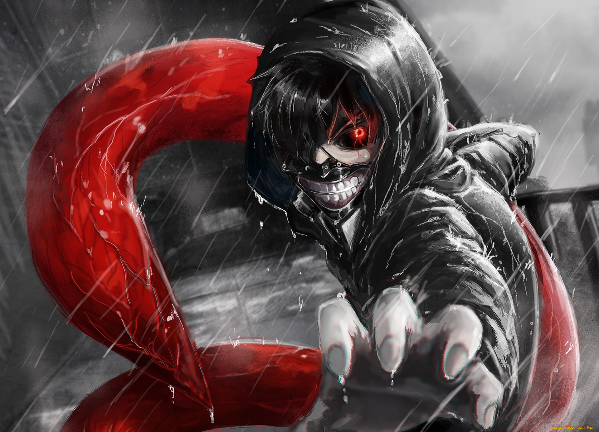 аниме, tokyo, ghoul, tokyo, ghoul, matsubox, парень, kaneki, ken, взгляд, жест, коготь, дождь, монохромное, art