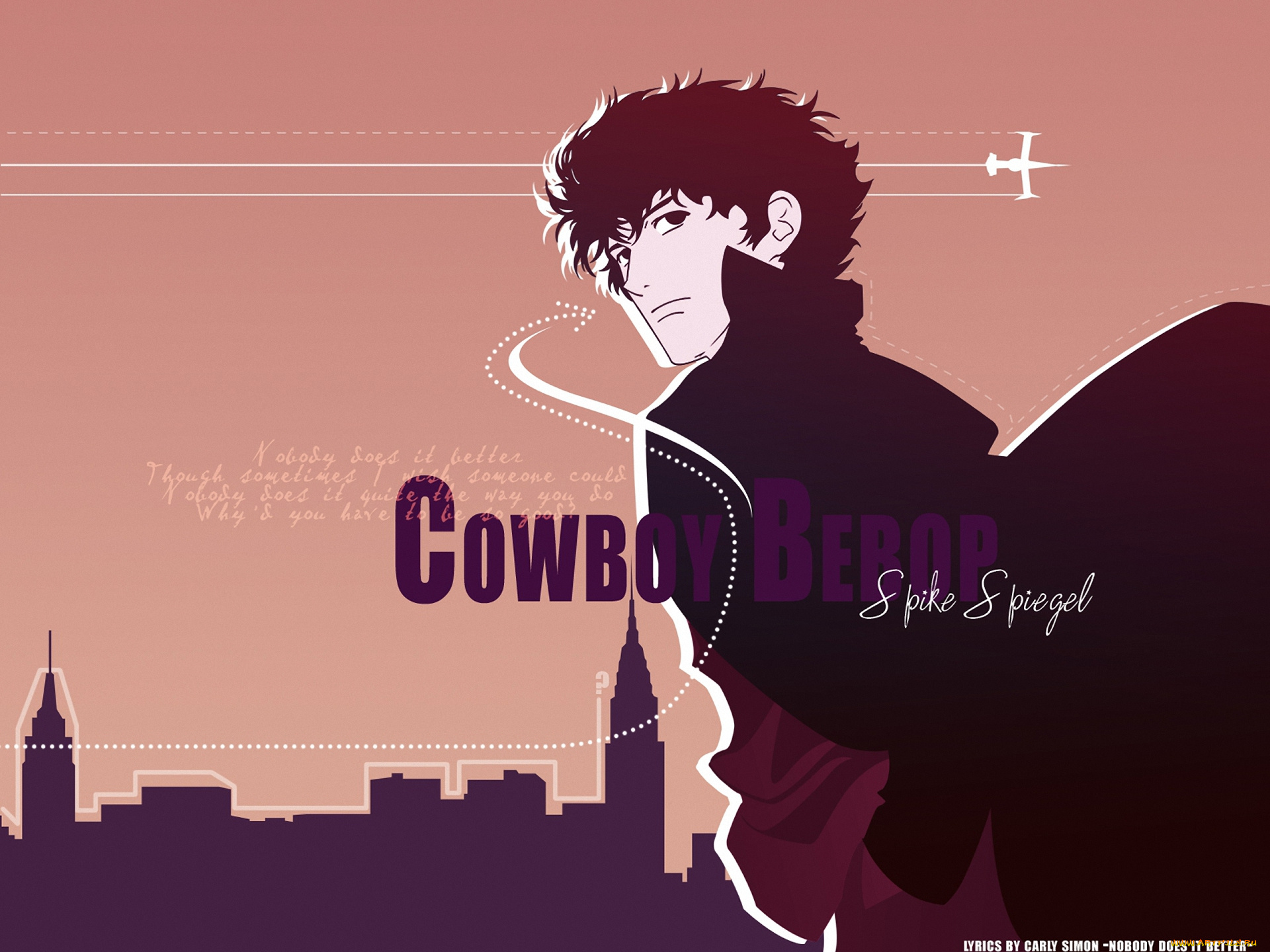 аниме, cowboy, bebop, самолет, город, мужчина, spike, spiegel