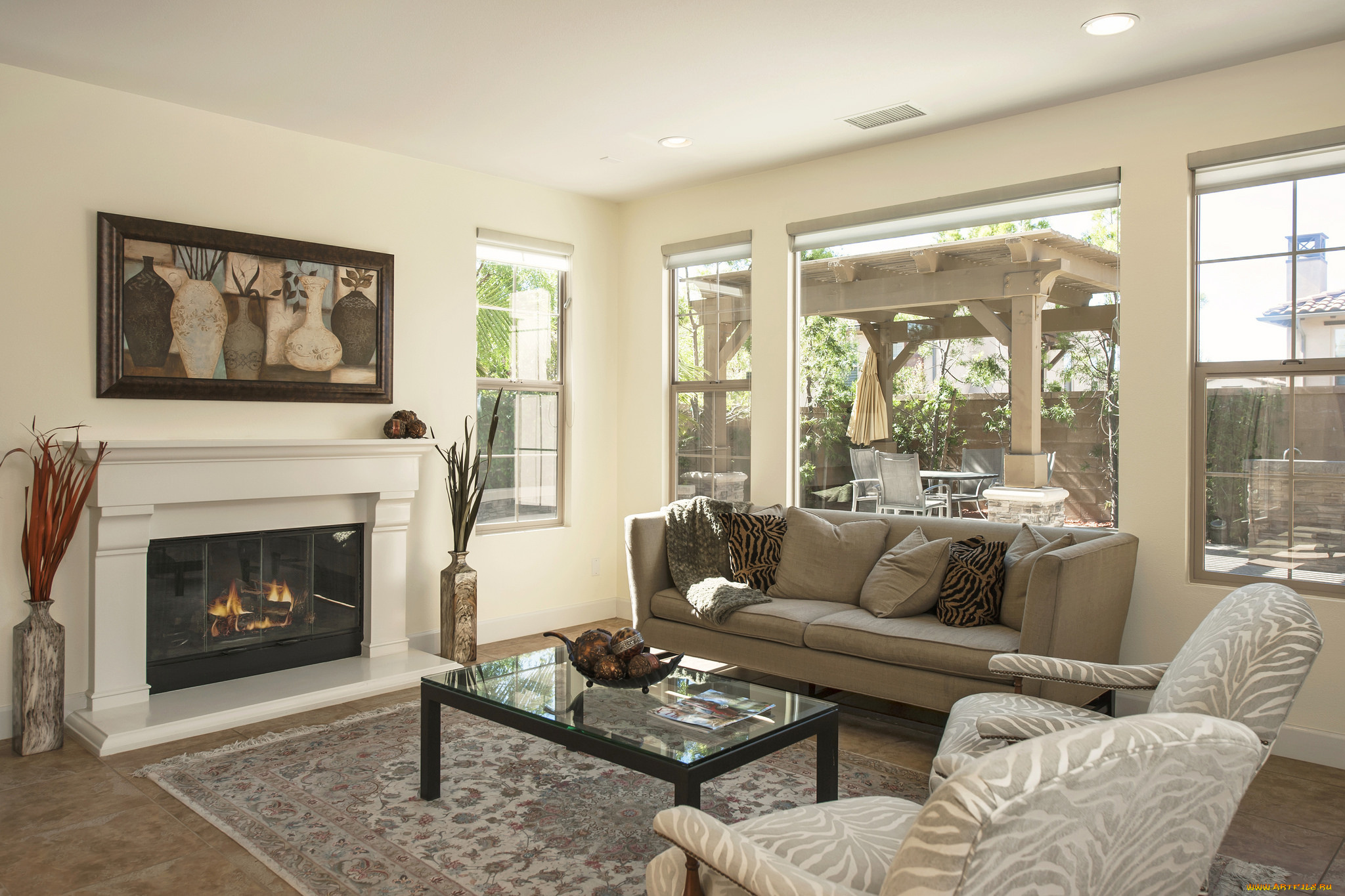 интерьер, гостиная, камин, картина