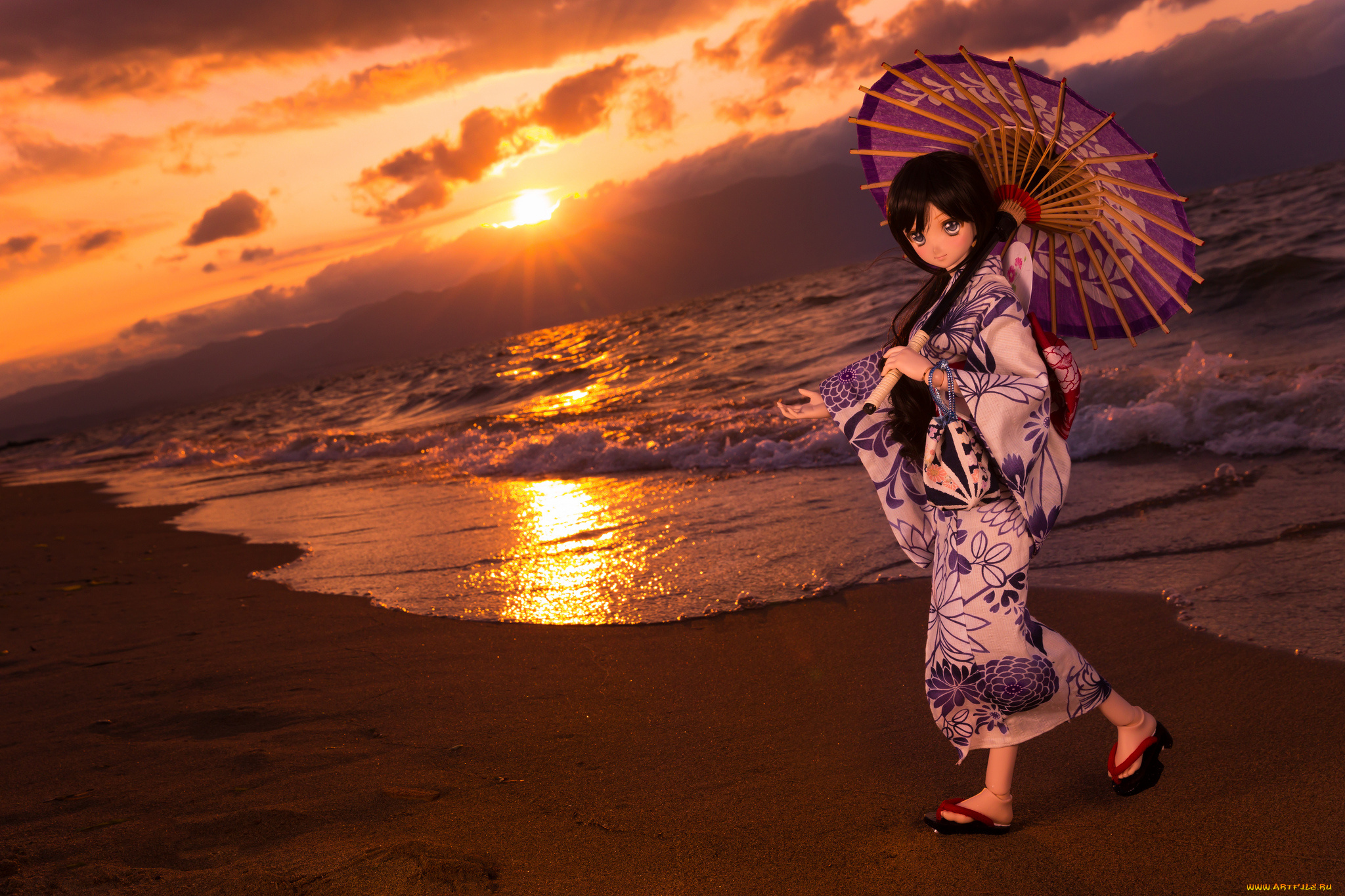 разное, игрушки, закат, море, кукла, зонтик