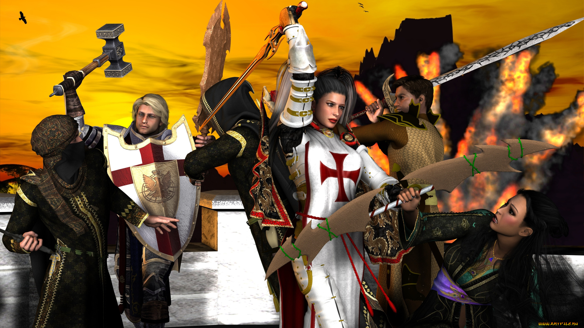 3д, графика, фантазия, , fantasy, воины, оружие, взгляд, фон, девушка