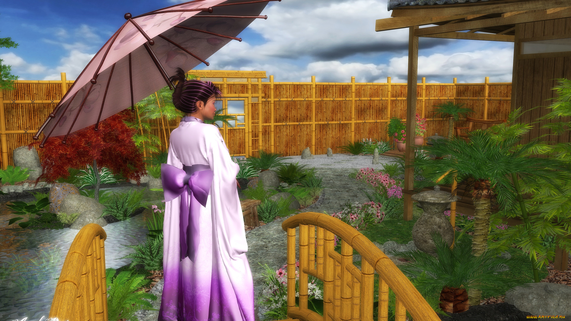 3д, графика, люди, , people, зонтик, фон, взгляд, парк, девушка