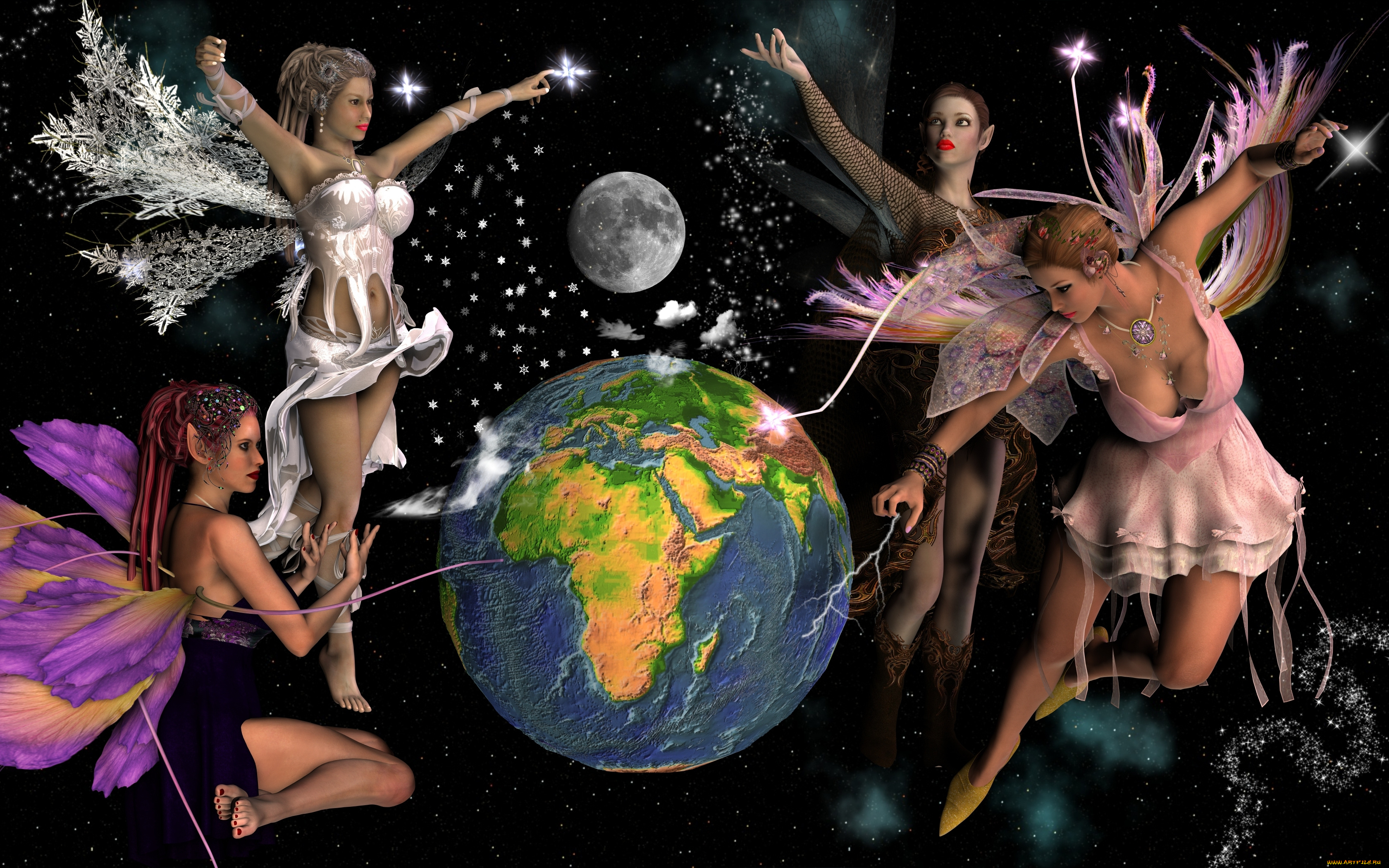 3д, графика, эльфы, , elves, эльфийки, луна, фон, взгляд