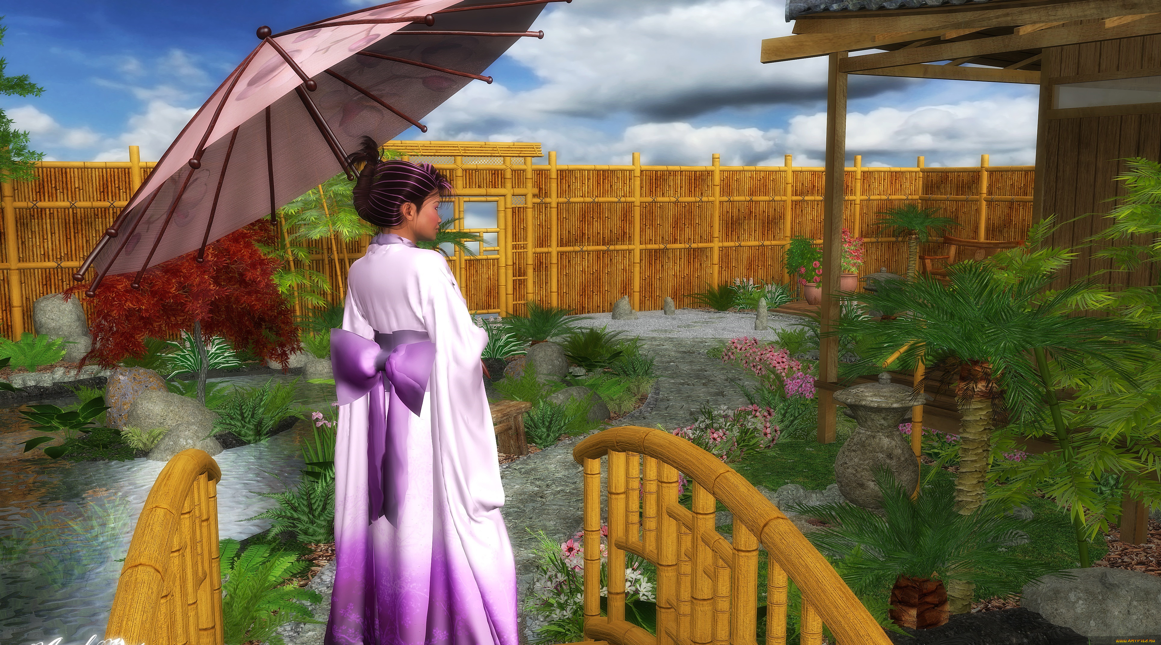 3д, графика, люди, , people, зонтик, фон, взгляд, парк, девушка