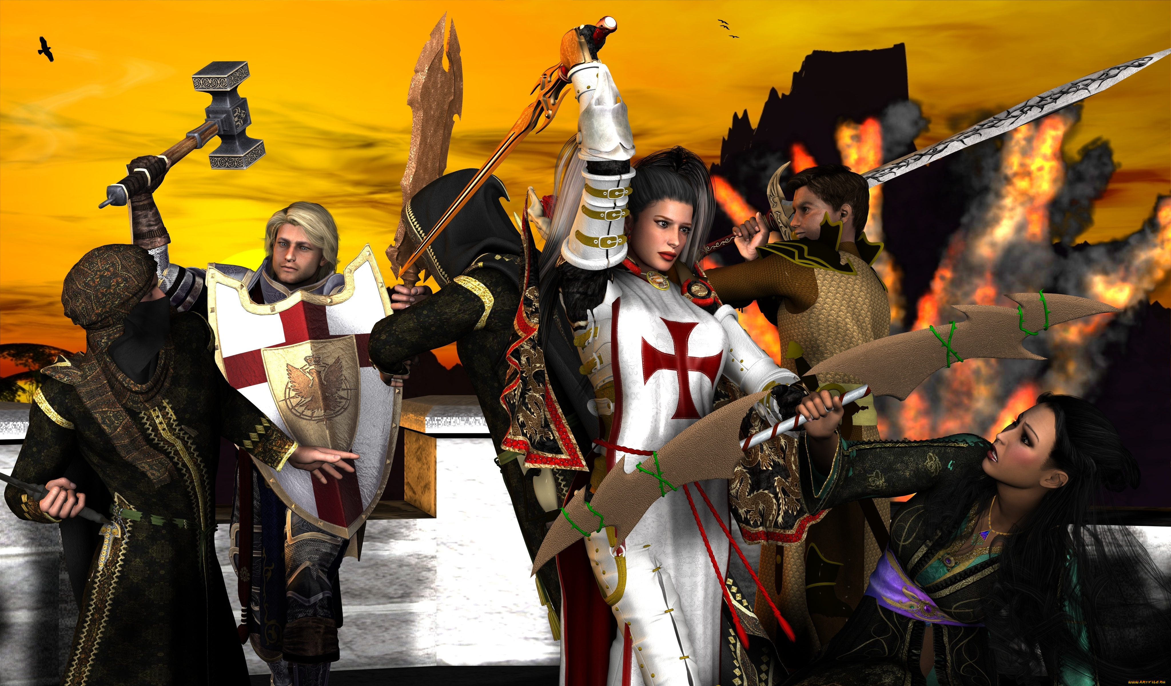 3д, графика, фантазия, , fantasy, воины, оружие, взгляд, фон, девушка