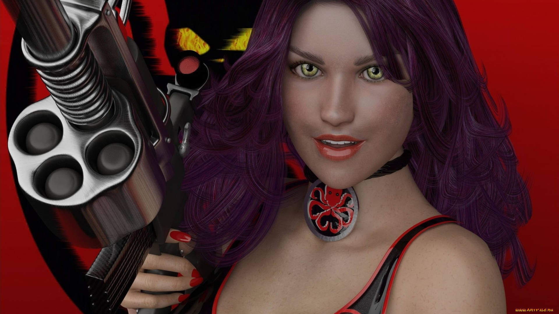 3д, графика, фантазия, , fantasy, девушка, оружие, фон, взгляд