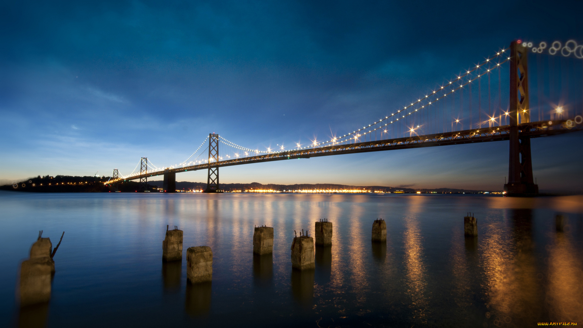 города, -, мосты, ночь, сан-франциско, калифорния, соединенные, штаты, небо, огни, bay, bridge, залив, отражение