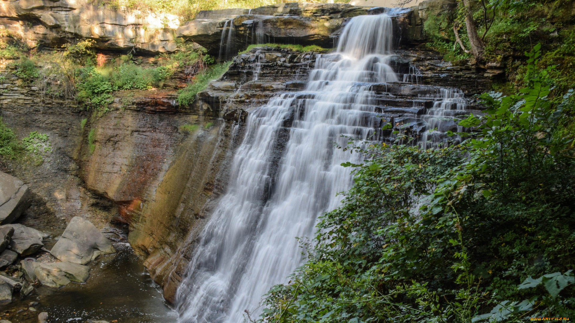природа, водопады, лес, река, водопад