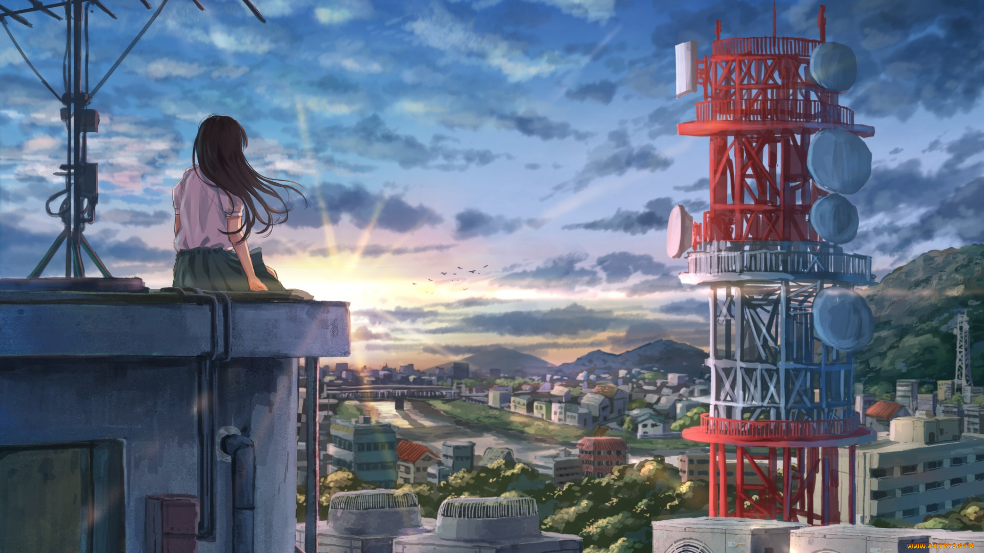 аниме, город, , улицы, , здания, девушка