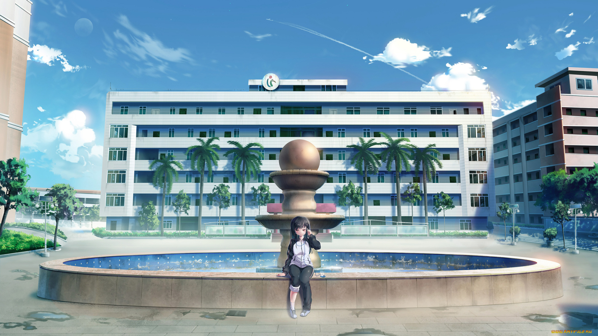 аниме, город, , улицы, , здания, девушка