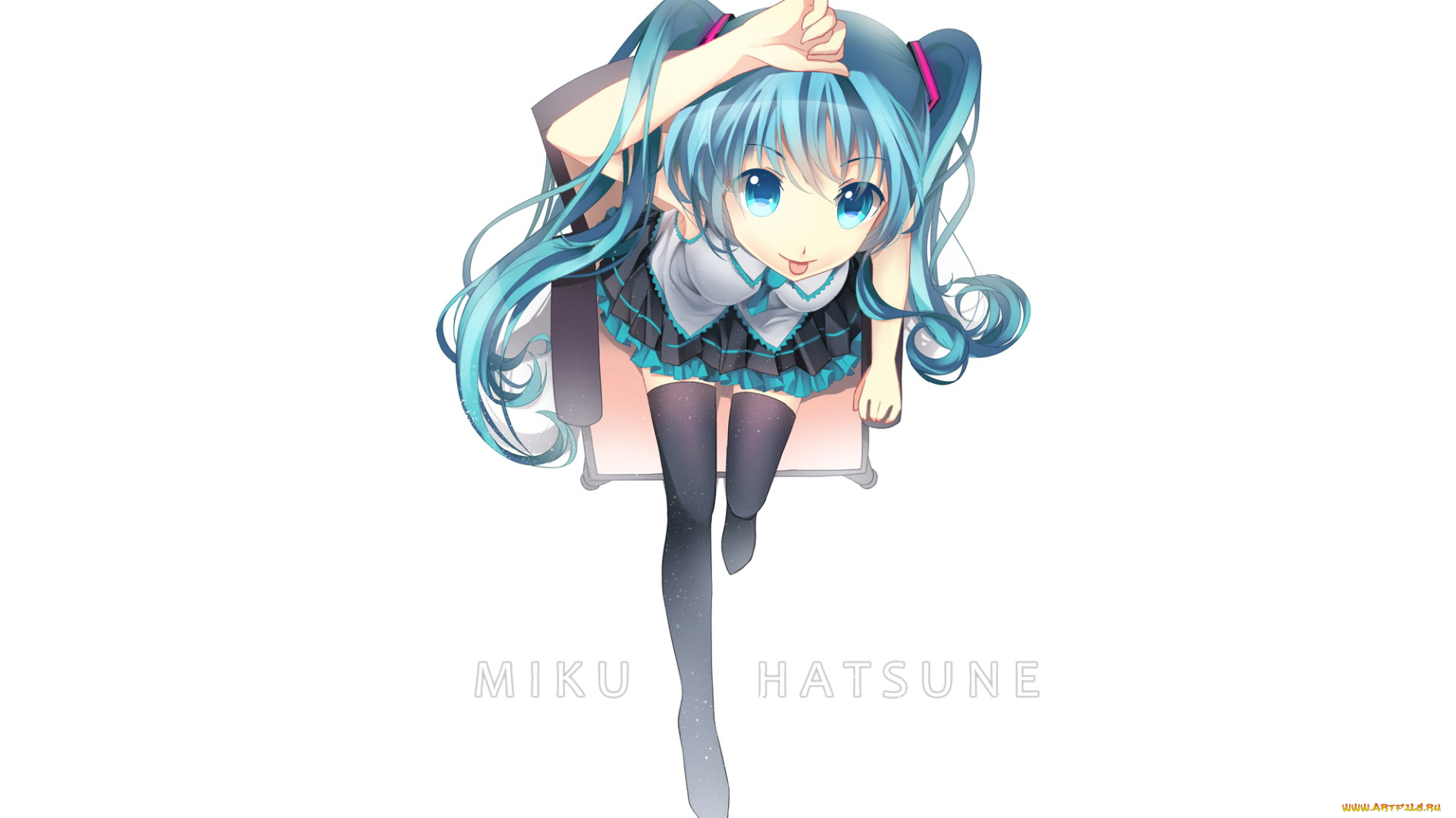 аниме, vocaloid, miku, hatsune, девушка, волосы, стул, чулки