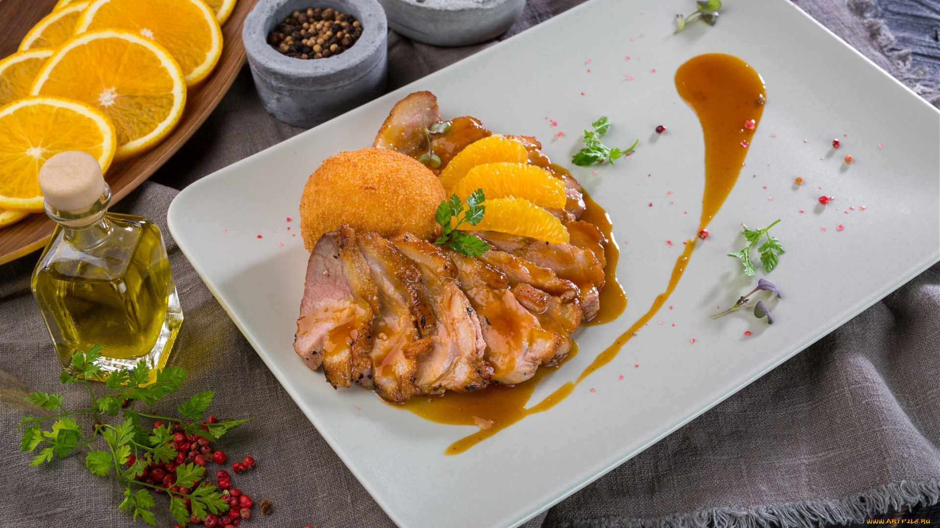 еда, мясные, блюда, специи, соус, мясо, апельсин