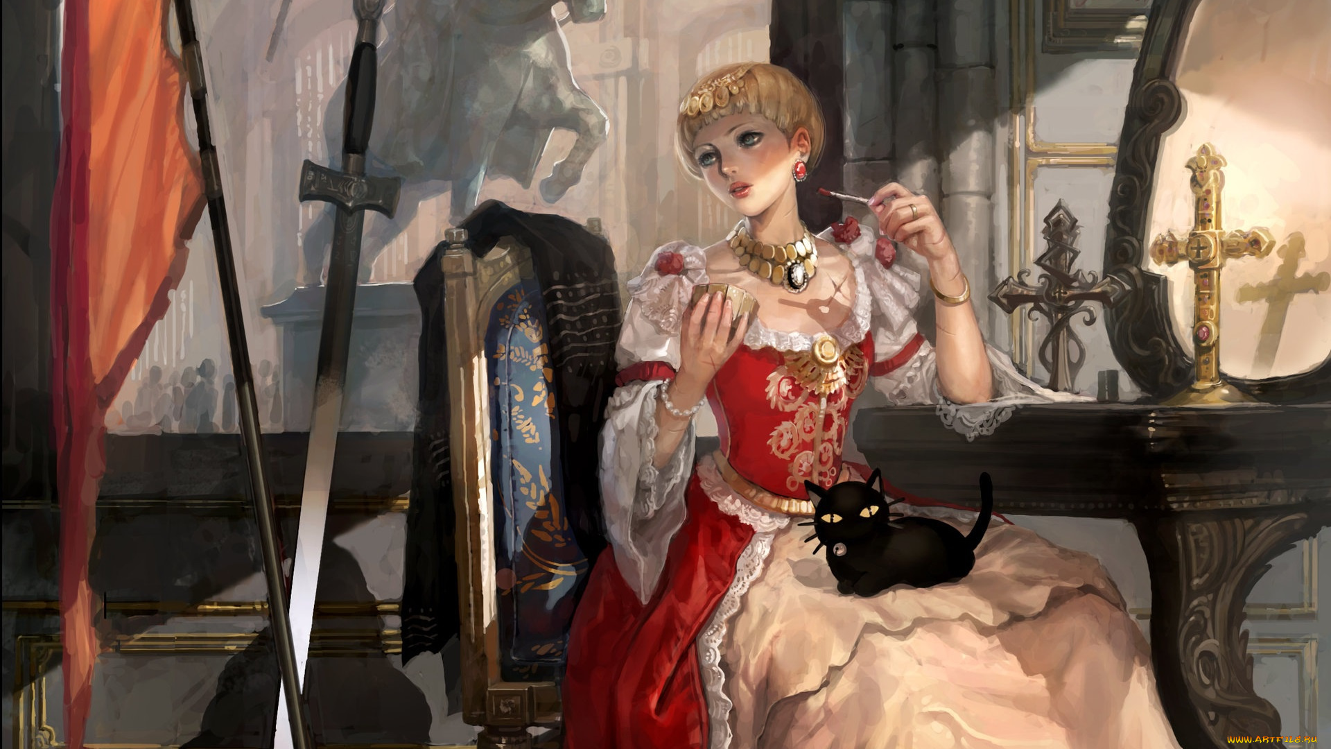 фэнтези, девушки, девушка, оружие, замок, котик, крест, меч, зеркало, арт, фрагмент, леди