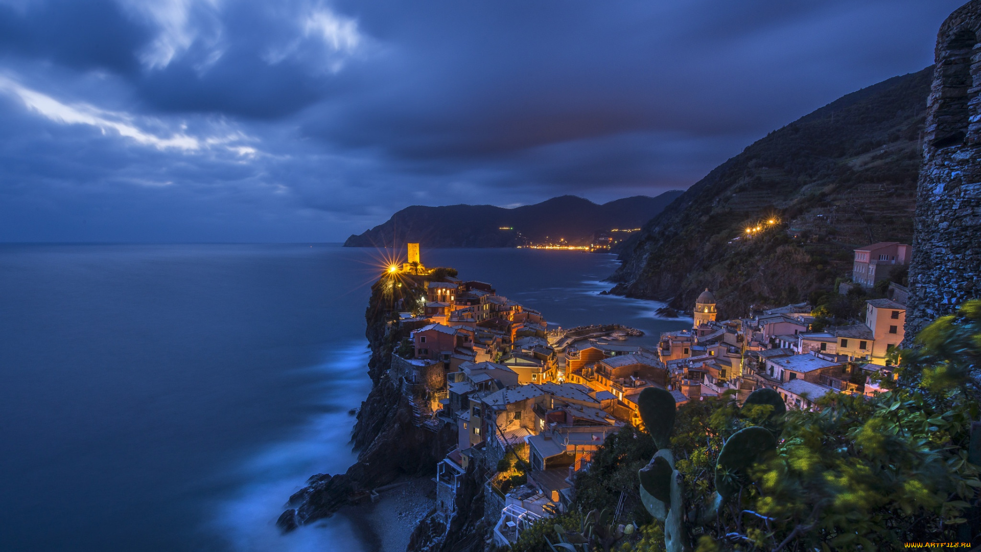 города, -, огни, ночного, города, вернацца, утес, италия, дома, ночь, море