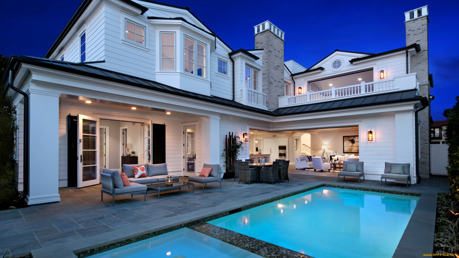 интерьер, бассейны, , открытые, площадки, дизайн, огни, дом, вилла, вечер, бассейн, сша, newport, beach