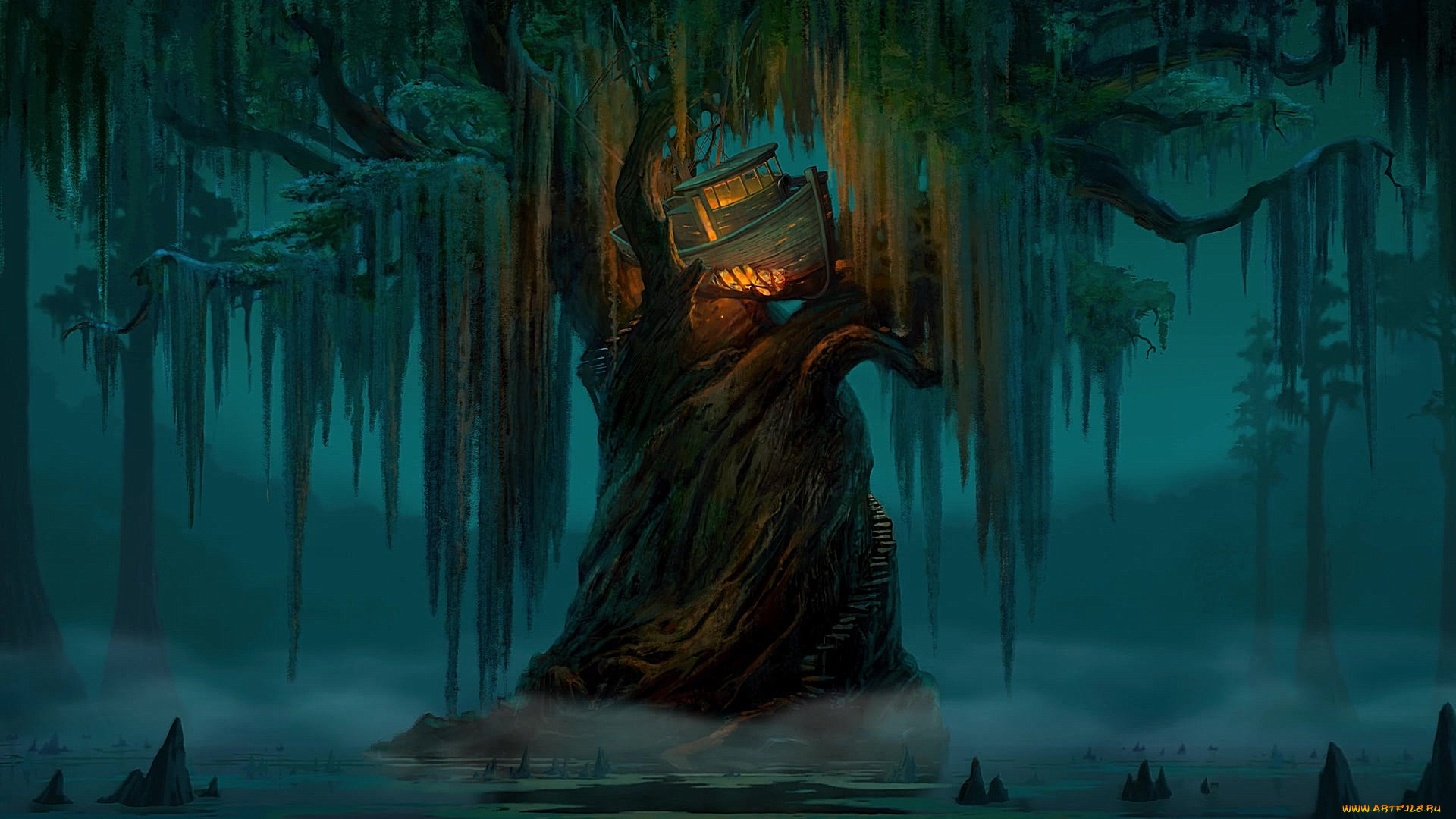 мультфильмы, the, princess, and, the, frog, корабль, дерево, водоем