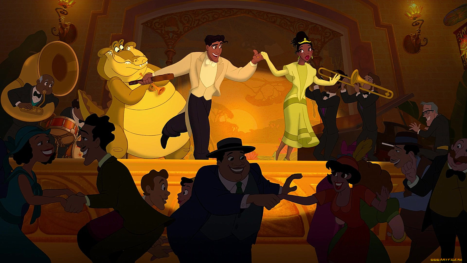 мультфильмы, the, princess, and, the, frog, сцена, танец, музыкант, крокодил, люди, девушка