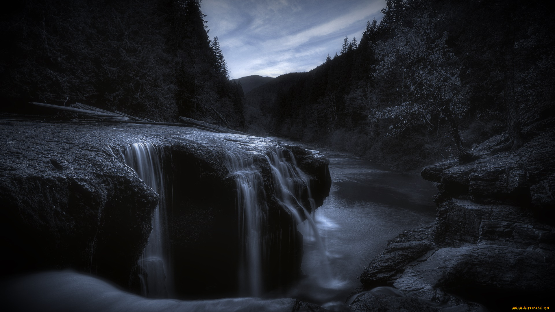 природа, водопады, лес, горы, река, деревья, облака