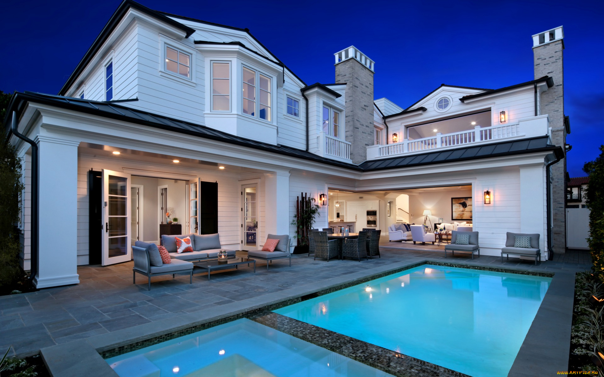 интерьер, бассейны, , открытые, площадки, дизайн, огни, дом, вилла, вечер, бассейн, сша, newport, beach